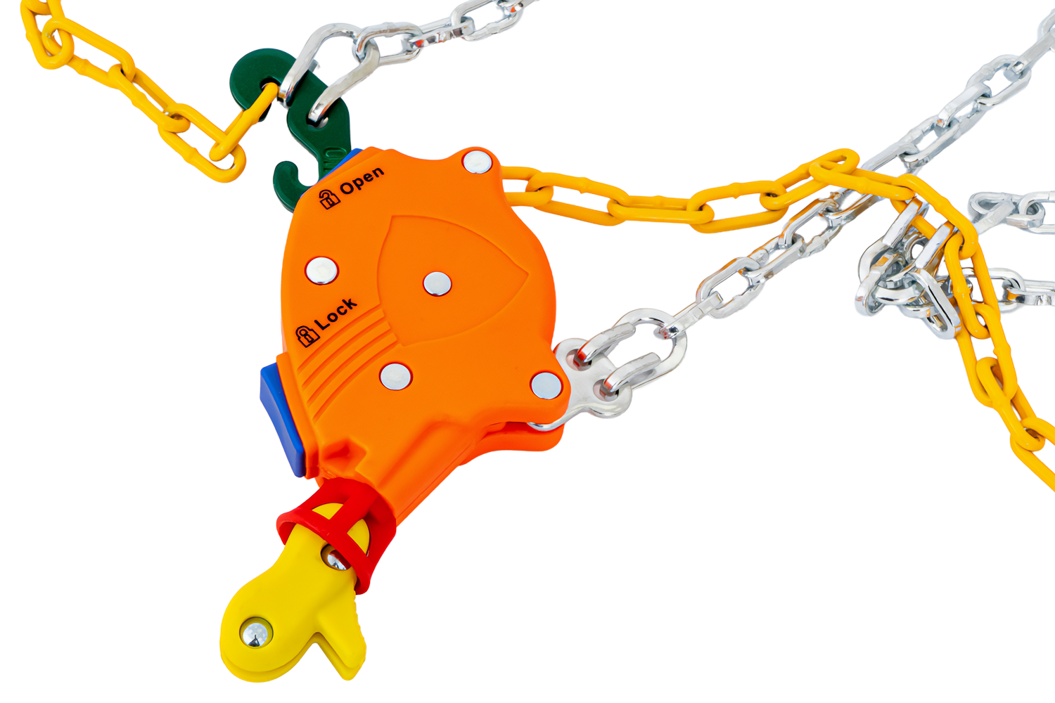 Nahaufnahme eines orangefarbenen Spannmechanismus mit den Aufschriften „Lock“ und „Open“ als Teil einer selbstspannenden Schneekette.
