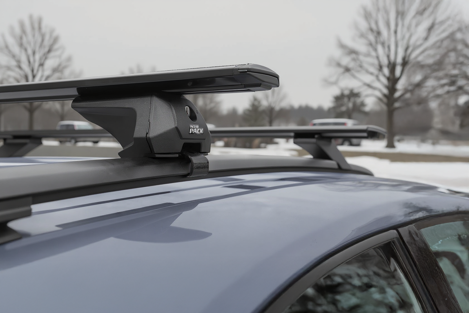 Ein schwarzer Dachkoffer, der auf den Dachreling eines blauen Autos befestigt ist. Im Hintergrund die Winterlandschaft einer Kleinstadt