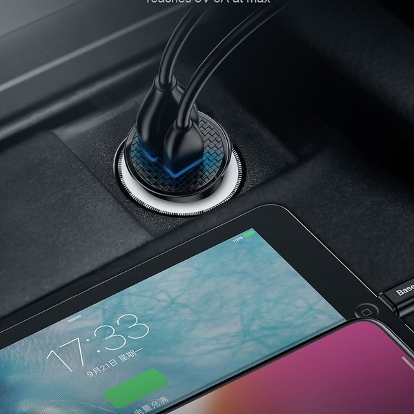 BASEUS Runder Kfz-Ladeadapter aus Kunststoff mit USB-A- und USB-C-Anschluss (30 W)