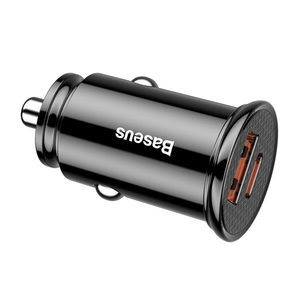 BASEUS Runder Kfz-Ladeadapter aus Kunststoff mit USB-A- und USB-C-Anschluss (30 W)