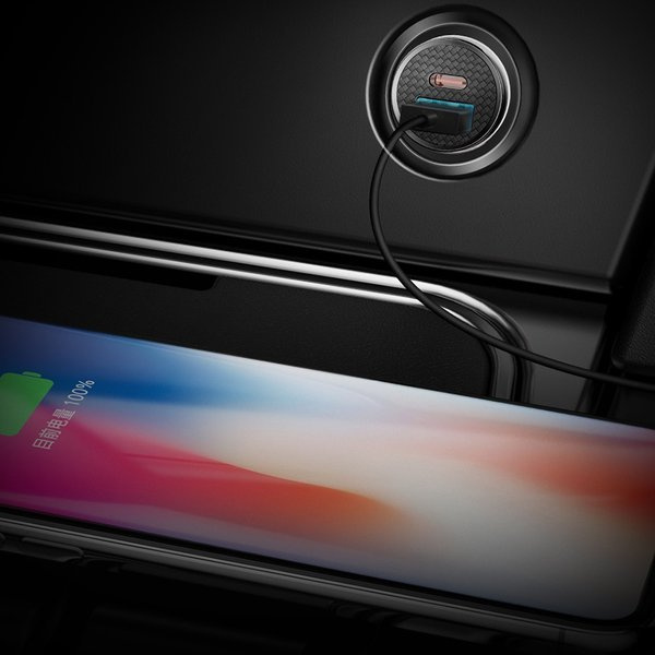 BASEUS Runder Kfz-Ladeadapter aus Kunststoff mit USB-A- und USB-C-Anschluss (30 W)